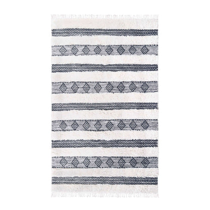 8' X 10' Black And Ivory Wool Striped Flatweave Handmade Stain Resistant Area Rug With Fringe