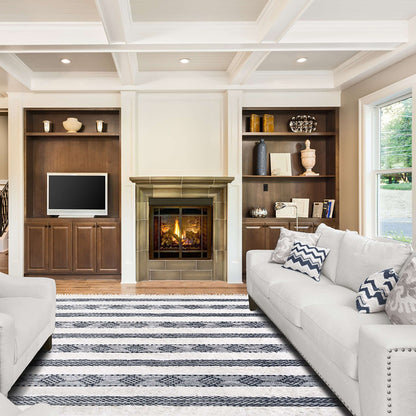 8' X 10' Black And Ivory Wool Striped Flatweave Handmade Stain Resistant Area Rug With Fringe