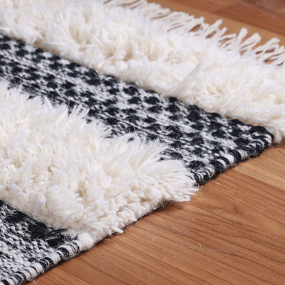 8' X 10' Black And Ivory Wool Striped Flatweave Handmade Stain Resistant Area Rug With Fringe