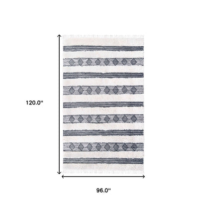 8' X 10' Black And Ivory Wool Striped Flatweave Handmade Stain Resistant Area Rug With Fringe