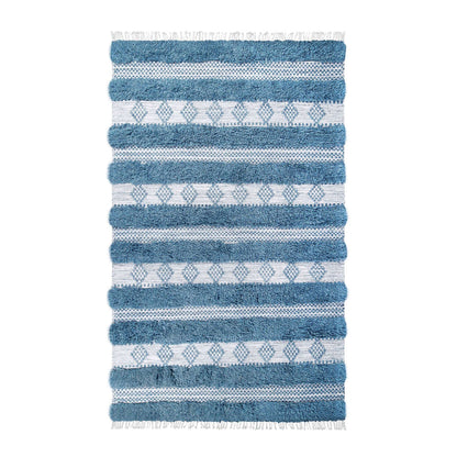 8' X 10' Blue And Ivory Wool Striped Flatweave Handmade Stain Resistant Area Rug With Fringe