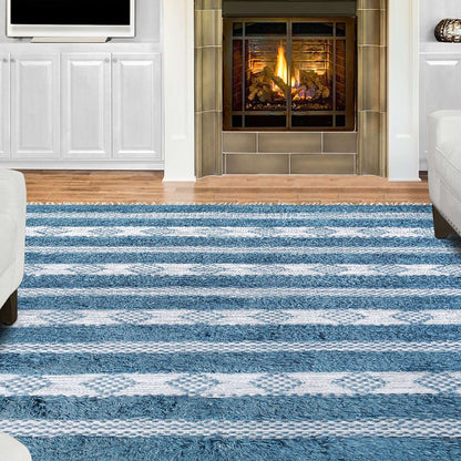 8' X 10' Blue And Ivory Wool Striped Flatweave Handmade Stain Resistant Area Rug With Fringe