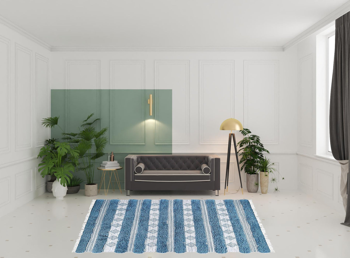 8' X 10' Blue And Ivory Wool Striped Flatweave Handmade Stain Resistant Area Rug With Fringe