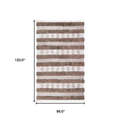 8' X 10' Olive And Ivory Wool Striped Flatweave Handmade Stain Resistant Area Rug With Fringe