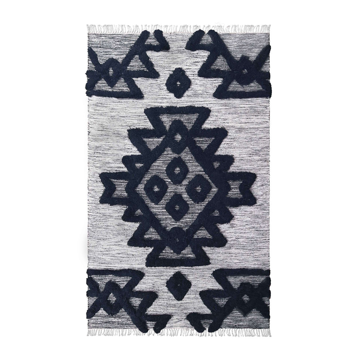 5' X 8' Black And Ivory Wool Geometric Flatweave Handmade Stain Resistant Area Rug With Fringe