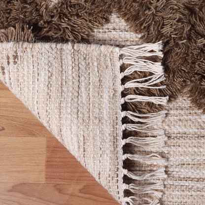 5' X 8' Sand And Taupe Wool Geometric Flatweave Handmade Stain Resistant Area Rug With Fringe