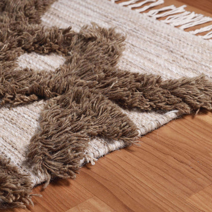5' X 8' Sand And Taupe Wool Geometric Flatweave Handmade Stain Resistant Area Rug With Fringe
