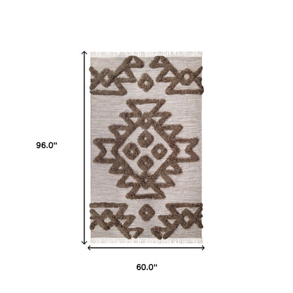 5' X 8' Sand And Taupe Wool Geometric Flatweave Handmade Stain Resistant Area Rug With Fringe