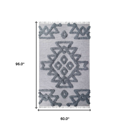 5' X 8' Silver And Grey Wool Geometric Flatweave Handmade Stain Resistant Area Rug With Fringe