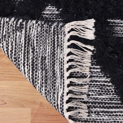 8' X 10' Black And Ivory Wool Geometric Power Loom Stain Resistant Area Rug With Fringe