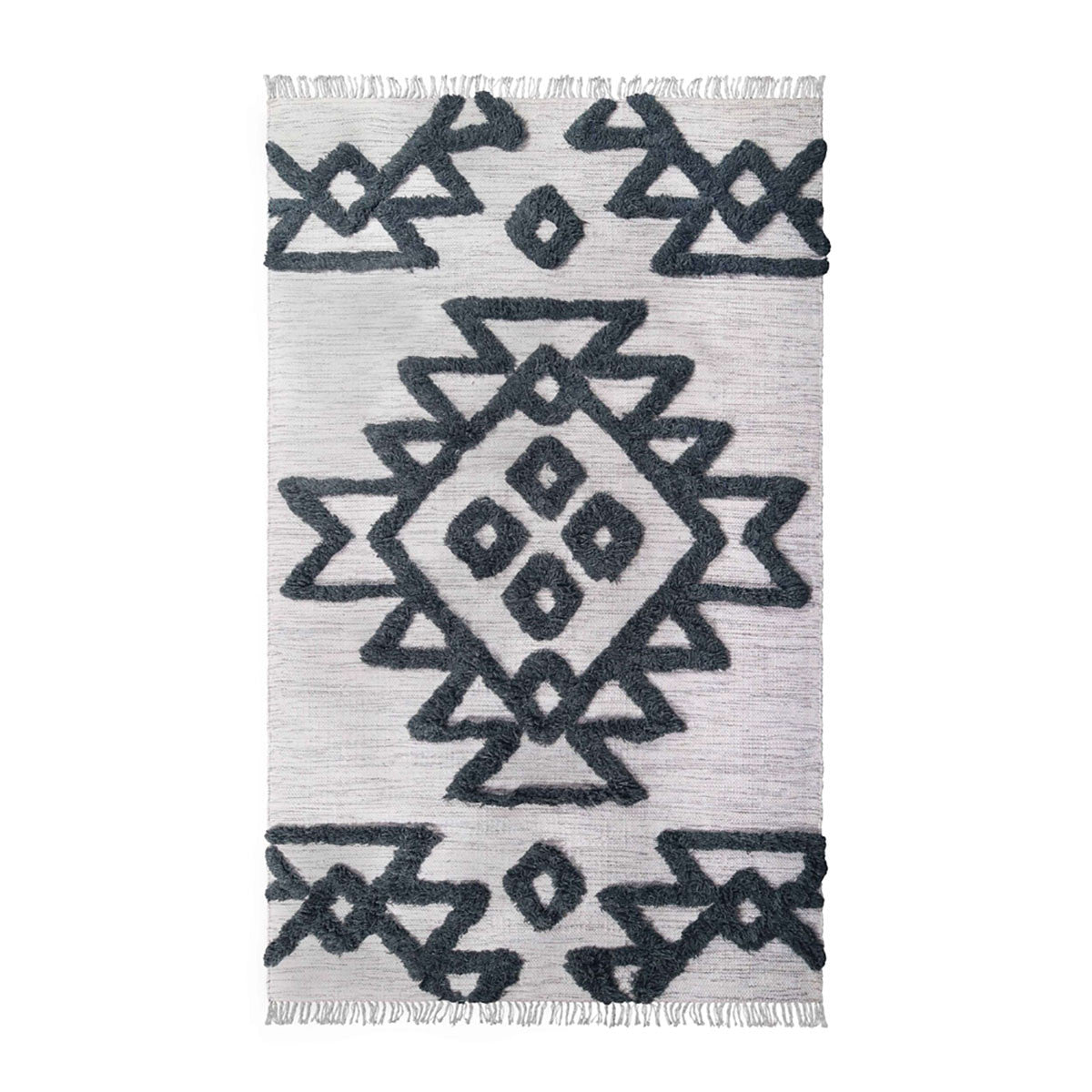 8' X 10' Ivory And Charcoal Wool Geometric Power Loom Stain Resistant Area Rug With Fringe