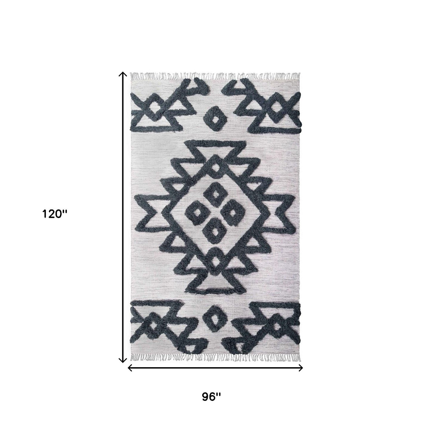 8' X 10' Ivory And Charcoal Wool Geometric Power Loom Stain Resistant Area Rug With Fringe