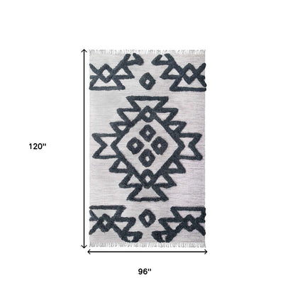 8' X 10' Ivory And Charcoal Wool Geometric Power Loom Stain Resistant Area Rug With Fringe