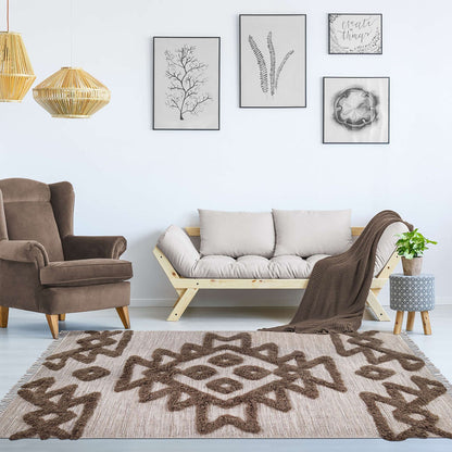 8' X 10' Sand And Taupe Wool Geometric Power Loom Stain Resistant Area Rug With Fringe