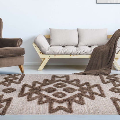8' X 10' Sand And Taupe Wool Geometric Power Loom Stain Resistant Area Rug With Fringe