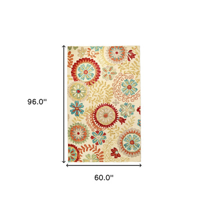 5' X 8' Cream Wool Medallion Tufted Handmade Stain Resistant Area Rug