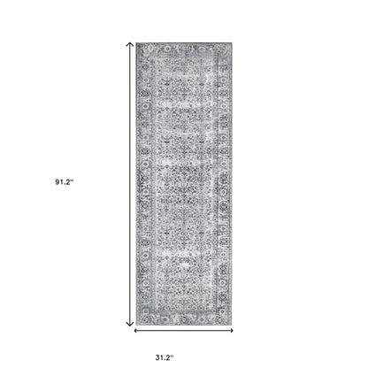 8' Charcoal Oriental Power Loom Stain Resistant Runner Rug