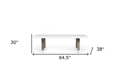 95" White And Gun Metal Rectangular Manufactured Wood And Stainless Steel Dining Table