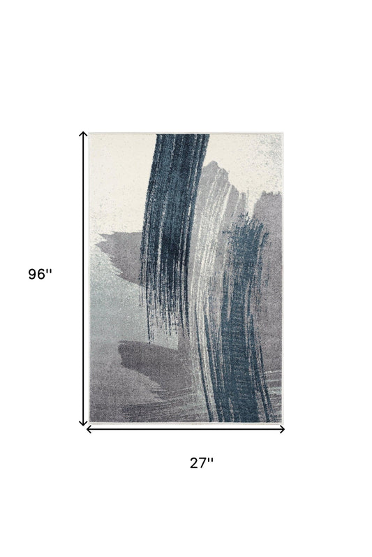 2' X 8' White And Blue Abstract Power Loom Stain Resistant Area Rug