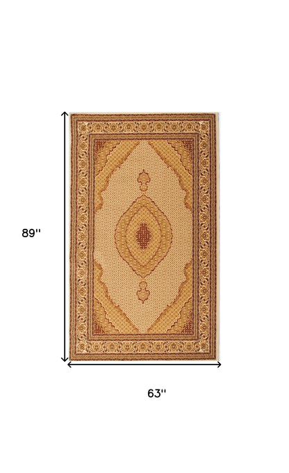 5' X 8' Cream Oriental Power Loom Stain Resistant Area Rug