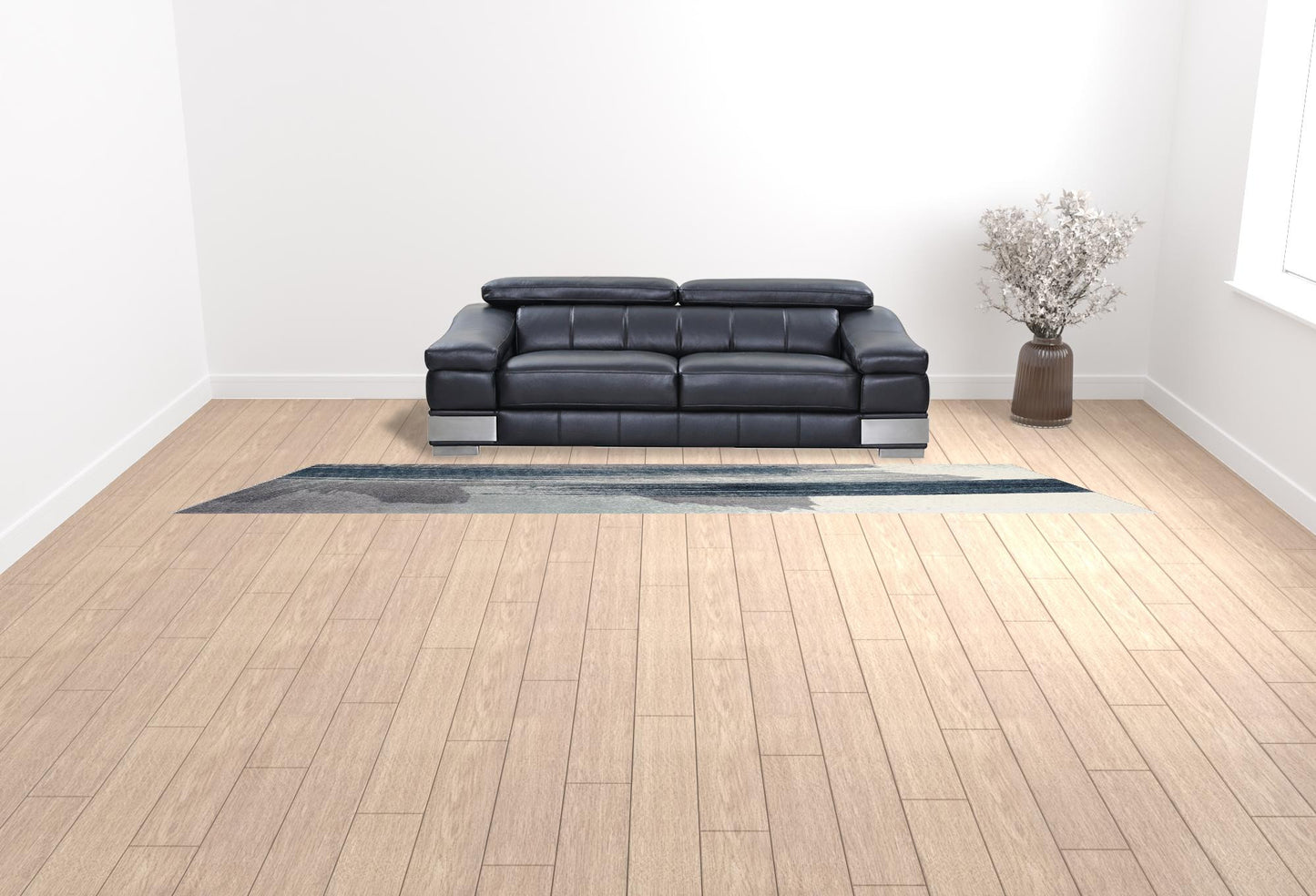 2' X 15' White And Blue Abstract Power Loom Stain Resistant Area Rug