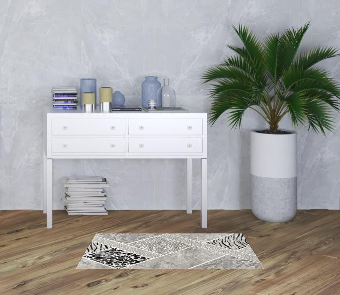 2' X 4' Grey Geometric Power Loom Stain Resistant Area Rug