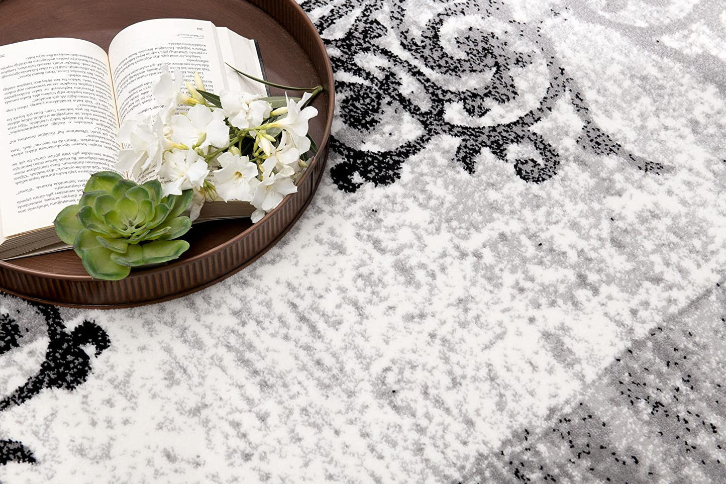 3' X 10' Grey Damask Power Loom Stain Resistant Area Rug