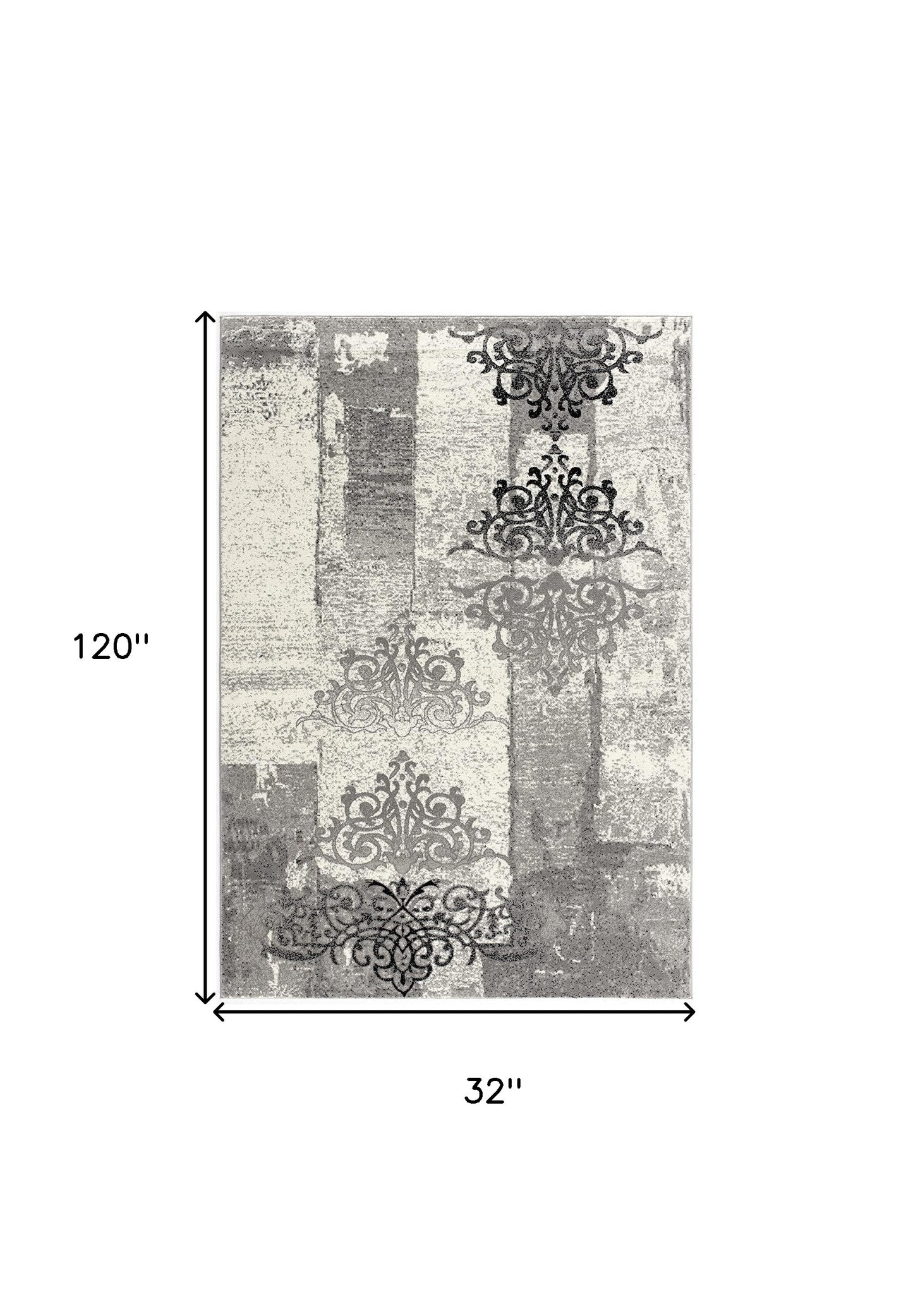 3' X 10' Grey Damask Power Loom Stain Resistant Area Rug