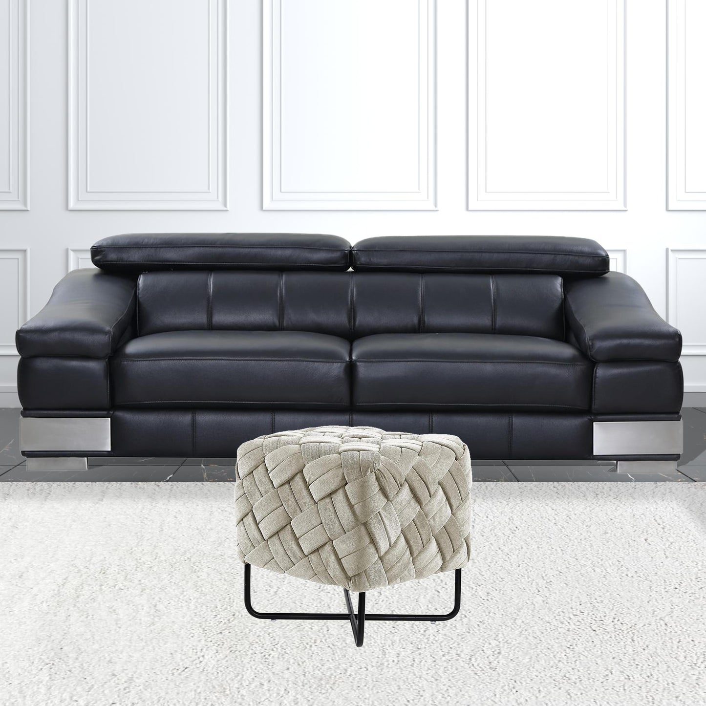 17" Cream Velvet And Black Cube Ottoman