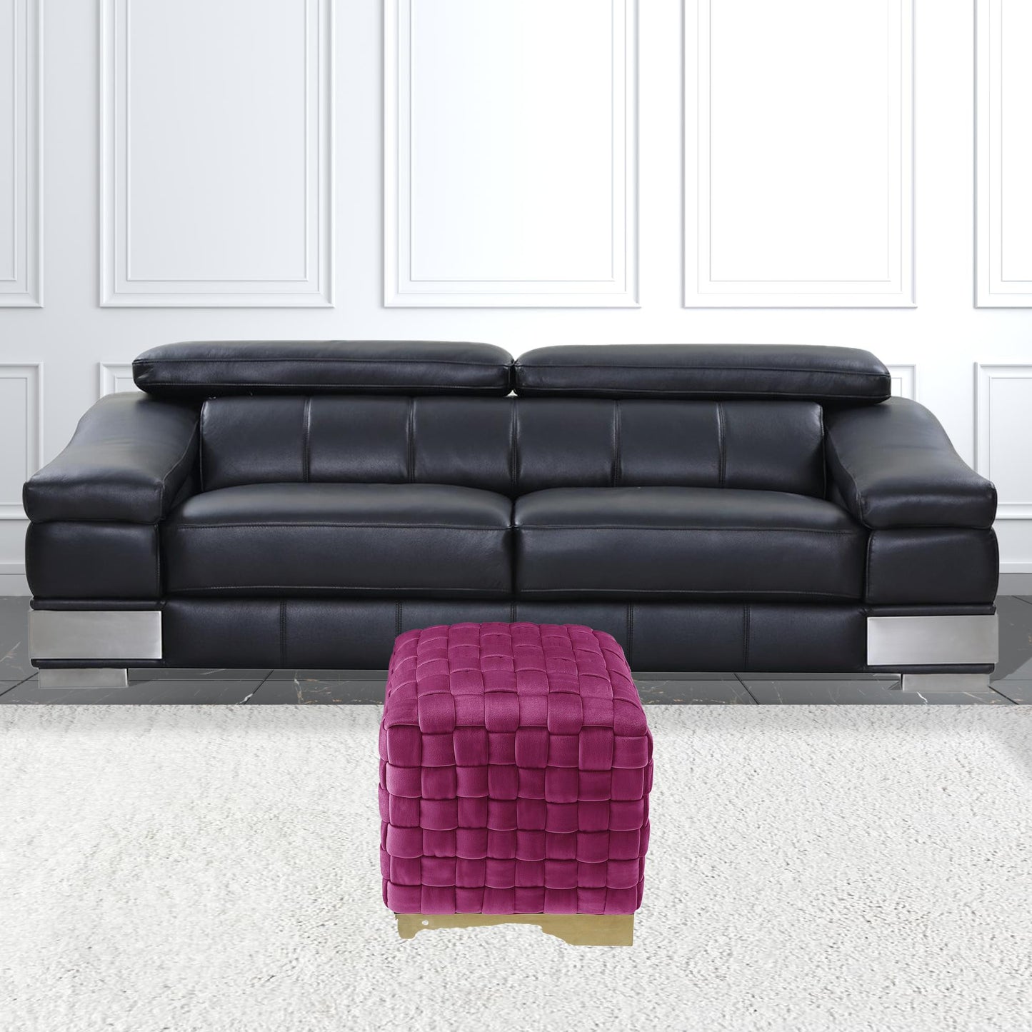 17" Fuchsia Velvet And Gold Ottoman