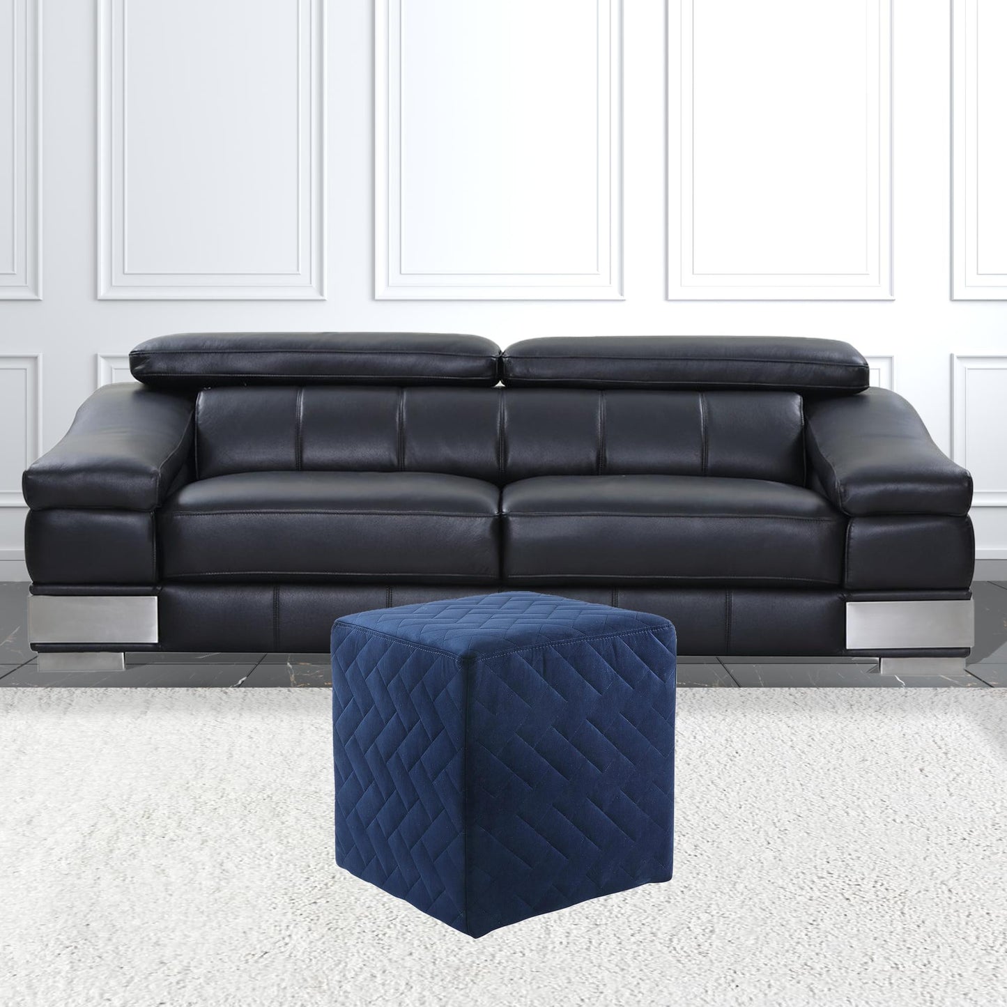 17" Navy Blue Velvet Quilted Cube Ottoman
