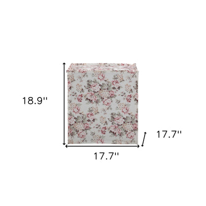 18" Ivory Linen Floral Ottoman