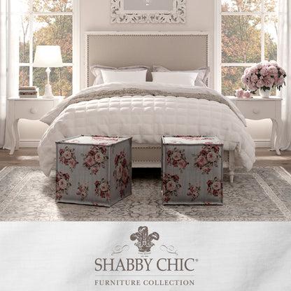 18" Ivory Linen Floral Ottoman