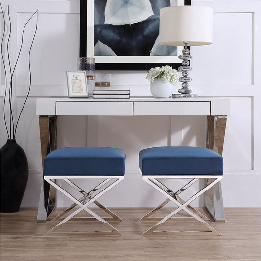 18" Navy Blue Velvet And Silver Ottoman