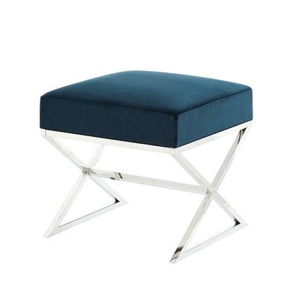 18" Navy Blue Velvet And Silver Ottoman