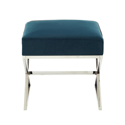 18" Navy Blue Velvet And Silver Ottoman