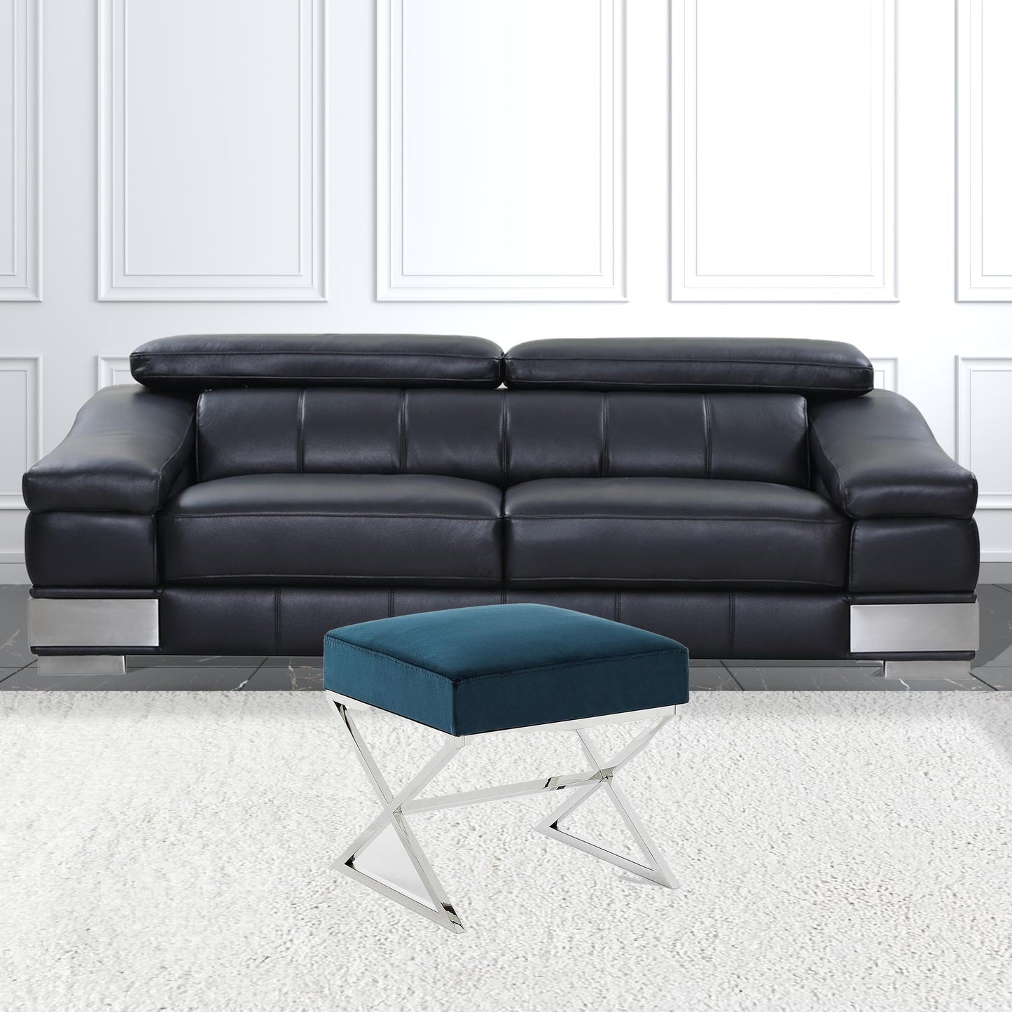 18" Navy Blue Velvet And Silver Ottoman