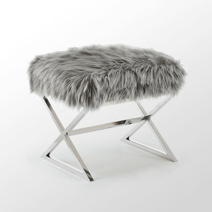 18" Navy Blue Velvet And Silver Ottoman