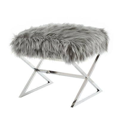 18" Navy Blue Velvet And Silver Ottoman