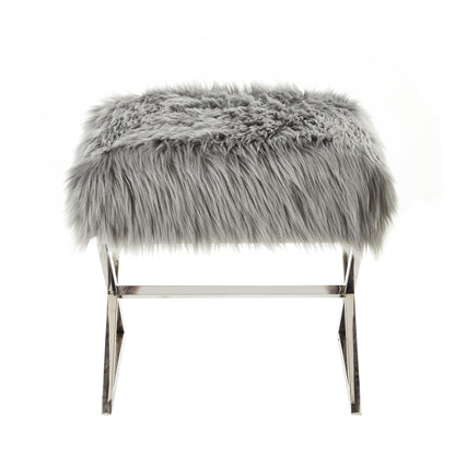 18" Navy Blue Velvet And Silver Ottoman