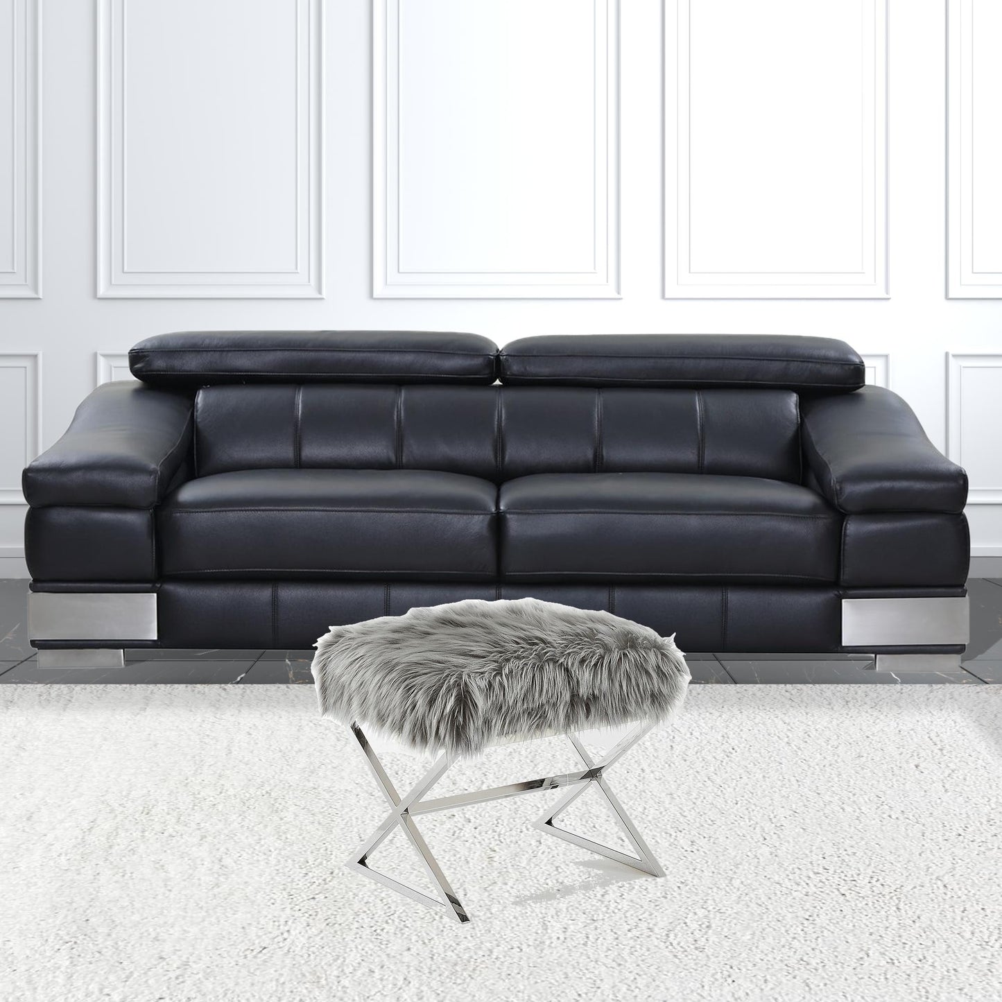 18" Navy Blue Velvet And Silver Ottoman