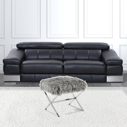 18" Navy Blue Velvet And Silver Ottoman
