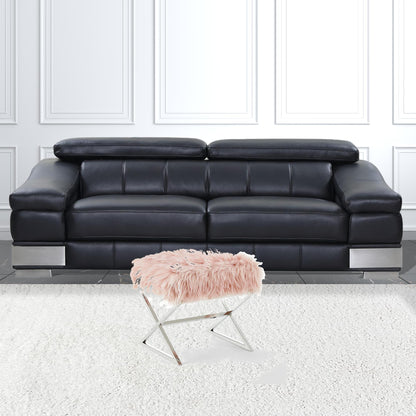 18" Navy Blue Velvet And Silver Ottoman