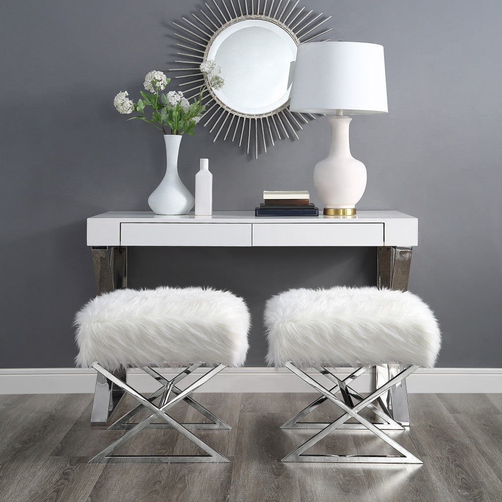 18" Navy Blue Velvet And Silver Ottoman