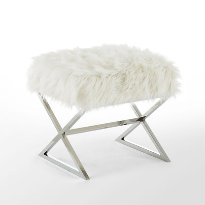 18" Navy Blue Velvet And Silver Ottoman