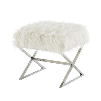 18" Navy Blue Velvet And Silver Ottoman