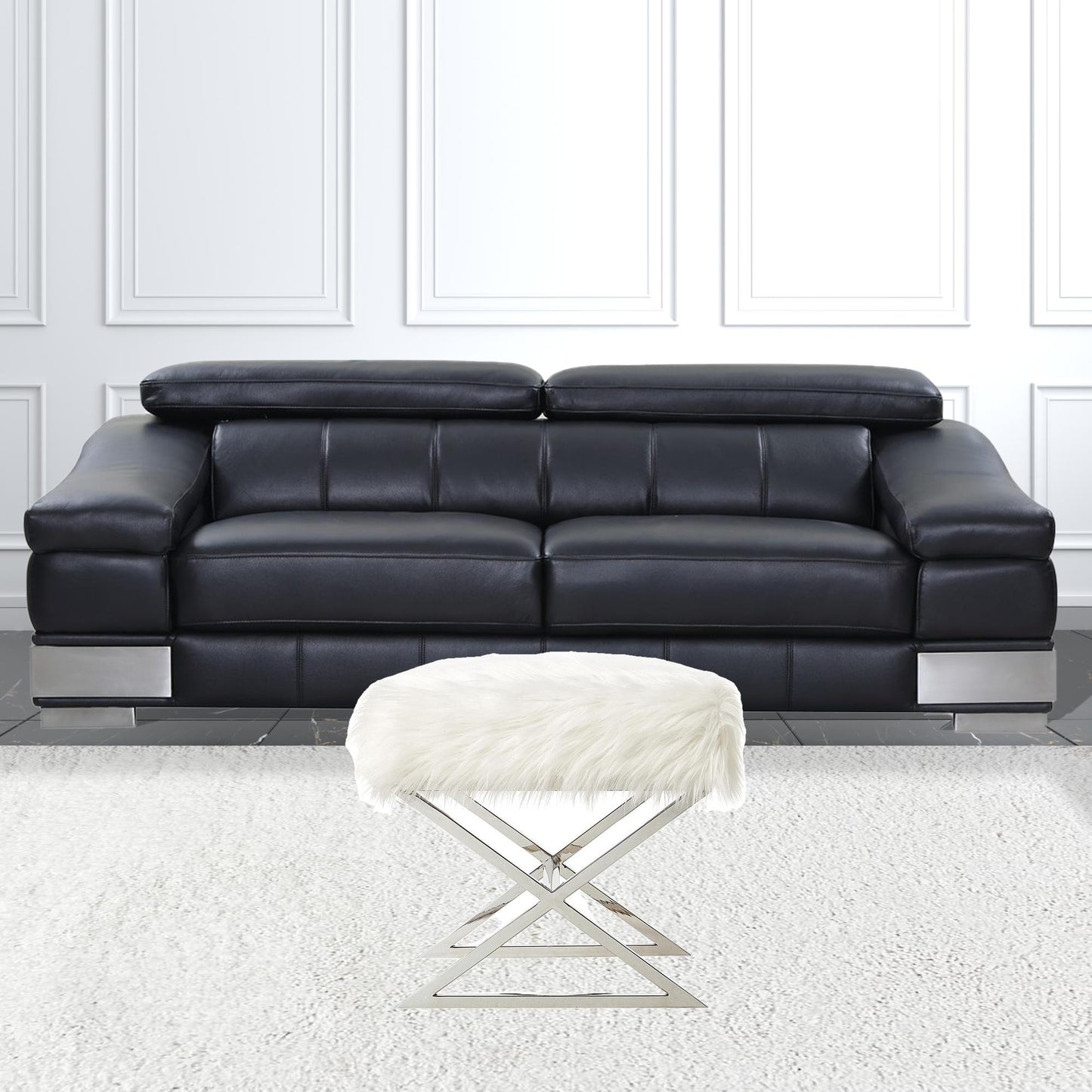 18" Navy Blue Velvet And Silver Ottoman