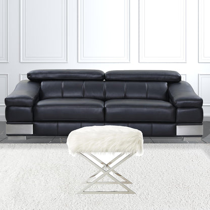 18" Navy Blue Velvet And Silver Ottoman