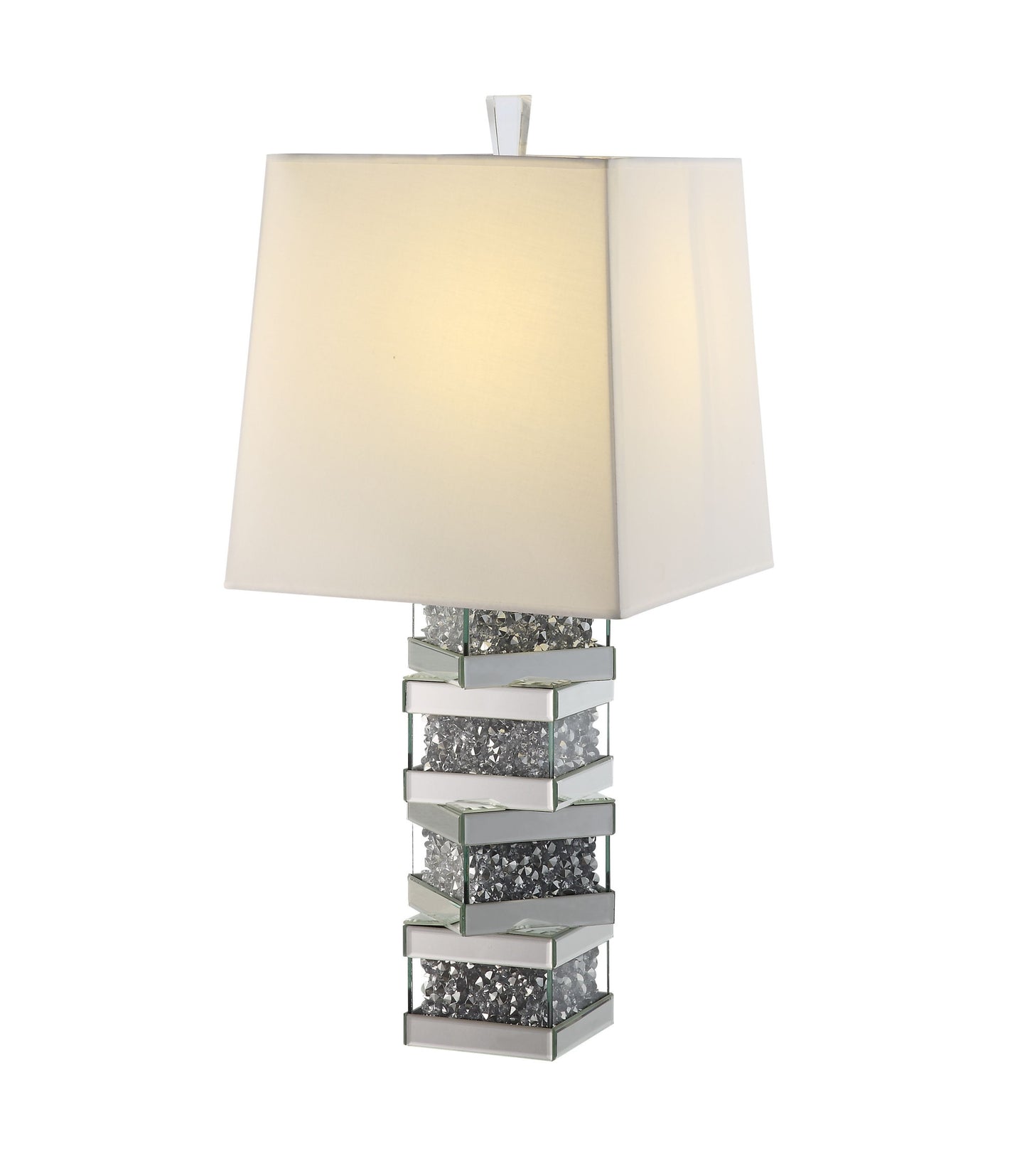 30" Clear and Mirrored Glass Faux Crystal Table Lamp With White Square Shade