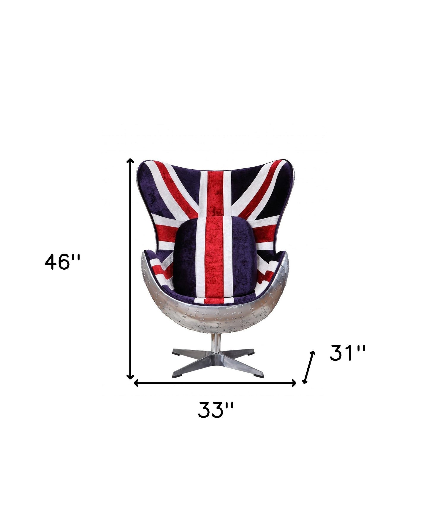 33" Red White and Blue Velvet And Silver Great Britain Flag Swivel Lounge Chair